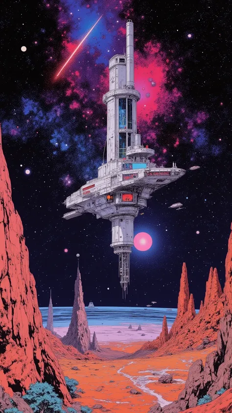 Space colony flying over a planet with universe in the background, 1980s retro sci - fi art, Fascinating colorful universe, Shining shooting star, in style by Josan Gonzales, Iridescent Ink Flow In universe, by Peter Elson, in peter elson color scheme, rog...