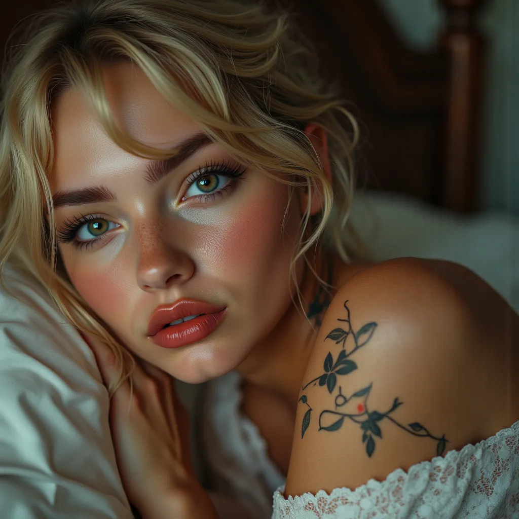 realistic ((fotorealisticer Realismus)), Hyper-high resolution , ((  hyper-insane quality  ,  epice masterciece  , detailed digital art)),((focus on extremely realistic Proportion Body:1.3))" Portrait of  {woman,  legs on the back,  is lying in bed}".(ultr...