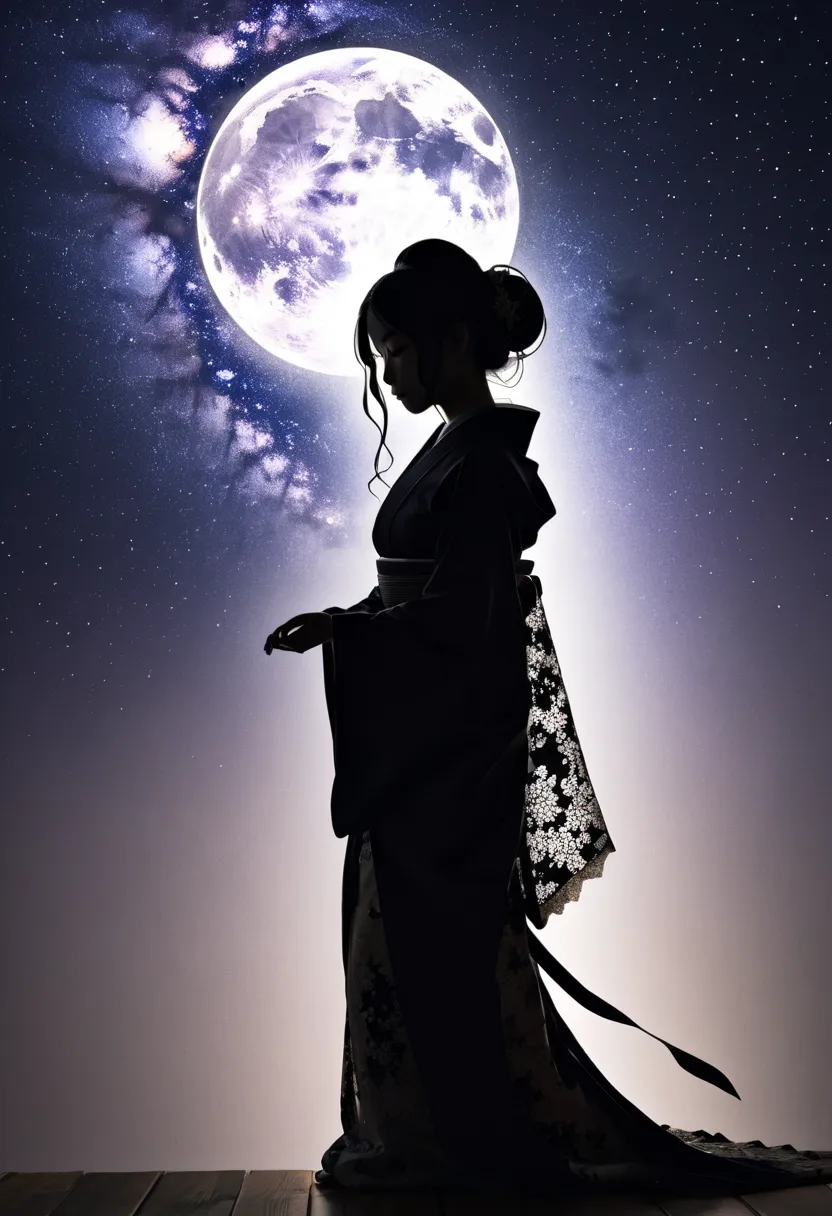 ((( silhouette art))), The sorrow of Orihime being pulled away by the Milky Way is conveyed, With his right arm extended, he bids farewell., close-up, profile, close-up, Stretch out your arms and say goodbye,The costume is kimono, double exposure printed o...