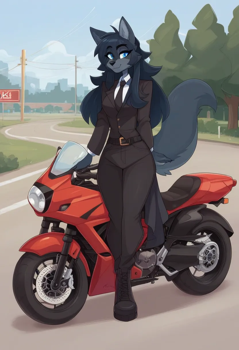 1girl, solo, female, female focus, furry full body,(((Kilinah style))), random Character,black skin,black pants,black belt,black shoes,black suit,black tie,big wolf ears,wolf nose,black long hair,light blue eyes,wolf tail, outside, background red motorcycl...