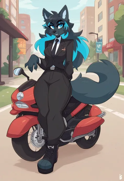 1girl, solo, female, female focus, furry full body,(((Kilinah style))), random Character,black skin,black pants,black belt,black shoes,black suit,black tie,big wolf ears,wolf nose,black long hair,light blue eyes,wolf tail, outside, background red motorcycl...