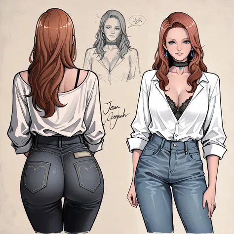 mary mouser redhead (secretary, Secretary:1.0), thick and luscious hair, Open white shirt, ((denim jeans without pockets)), Black lace choker, neckline, Fantasy Art, Conceptual art, masterpiece, delicate features, female, seductive, (Howard Chandler Christ...