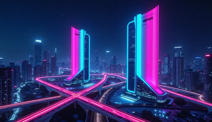 A vibrant, high-contrast, professional photograph of a futuristic cityscape at nighttime, with the two largest skyscrapers prominently illuminated in bold pink and blue hues, evoking a sense of modernity and technology, set against a dark blue sky with sca...