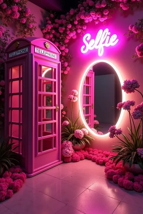 Create the image of an environment decorated with a selfie theme. Left,  there is a pink telephone box decorated with flowers , with the word “TELEPHONE” written on the top.  Right , there is a large oval mirror with edges illuminated by pink and white neo...