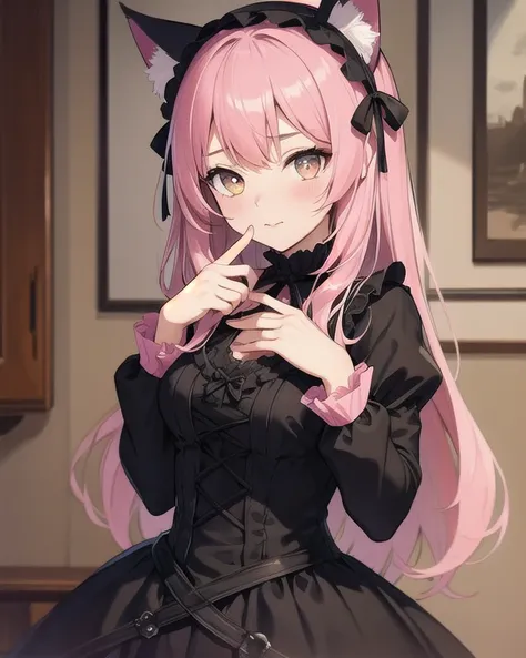 Best quality, high quality, high resolution, one girl, pink hair, cute dress with frills, pink dress, some black parts, gothic lolita style design, black cat ears headband, accurately drawn hands and fingers, old western-style room,