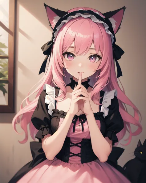 Best quality, high quality, high resolution, one girl, pink hair, cute dress with frills, pink dress, some black parts, gothic lolita style design, black cat ears headband, accurately drawn hands and fingers, old western-style room,