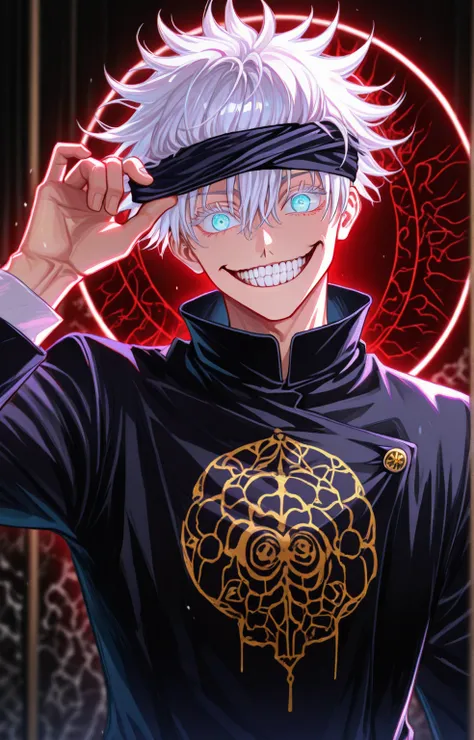 gojou satoru, jujutsu kaisen, 1boy, hand up, blue eyes, opening blindfold, blindfold,hair between eyes, looking at viewer, crazy smile,dynamic pose,colored eyelashes, short hair, white hair, black jacket, long sleeves, masterpiece, newest,best quality, ama...