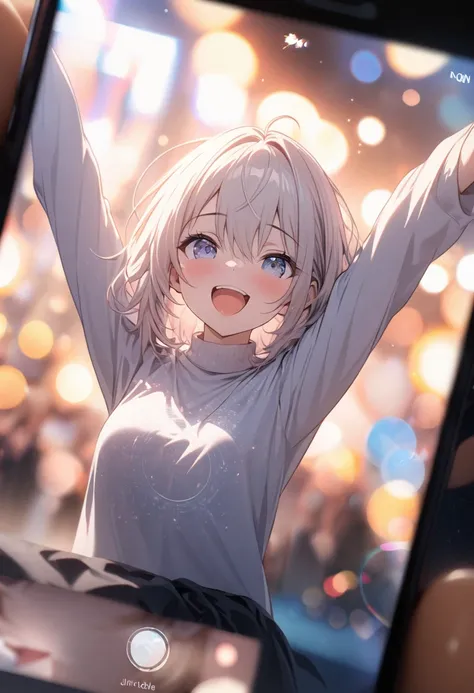  masterpiece, TOP QUALITY,  Highly Detailed CG Unity 8K Wallpaper, cheers,  arms raised, Bokeh Photo, ( Soft Focus ):1.2,   out of focus highlights  ,  dreamy vibe , Shining circle, Fascinating Depth , 2.5D Art