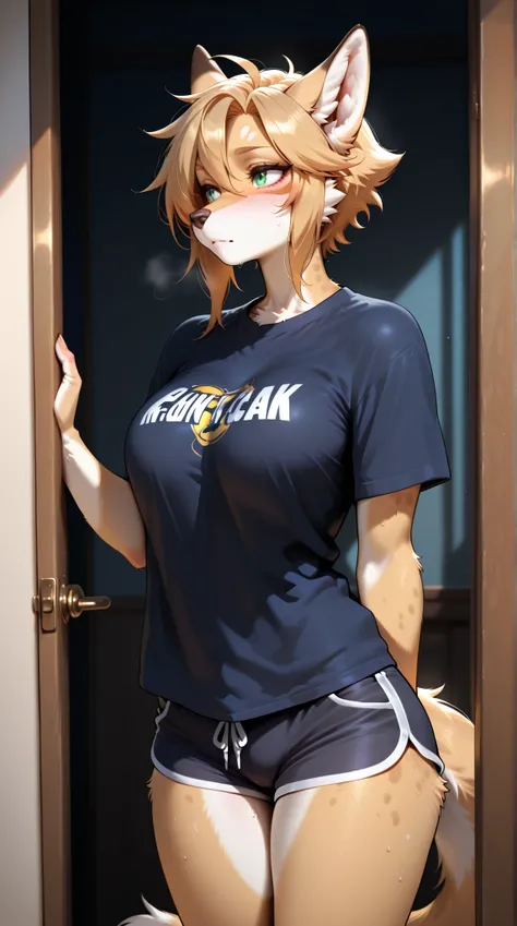 Source_furry,  (((1boy))), furry, anthro, detailed background, t-shirt, shorts 