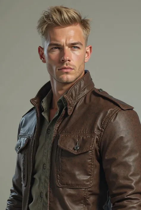 young white man, without a beard, Military blond hair ,  wearing leather jacket, high, strong and beautiful. REALISTIC PORTRAIT 8K 