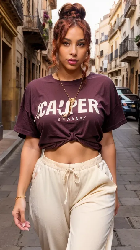 24 years old, slim and curvy body. Light brown skin (wavy red hair tied in a bun), light brown eyes, full lips with purple lipstick, clear expression lines. She is walking naturally on the streets of Spain. (She is wearing a loose t-shirt and dark rapper b...