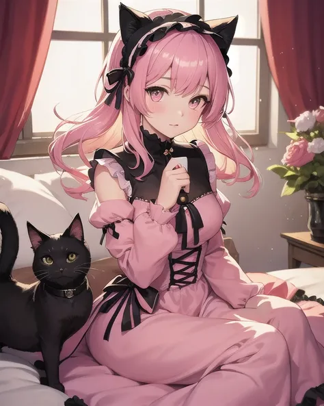 Best quality, high quality, high resolution, one girl, pink hair, cute dress with frills, pink dress, some black parts, gothic lolita style design, black cat ears headband,  old western-style room,