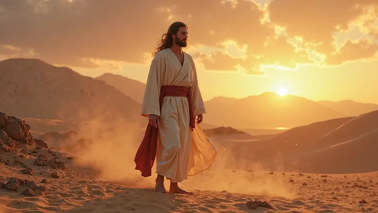 A breathtaking, hyper-realistic full-body depiction of Jesus Christ standing alone in the vast, barren desert, bathed in the golden light of the setting sun. His tall, well-proportioned figure exudes both divine strength and serene humility. His long, wavy...