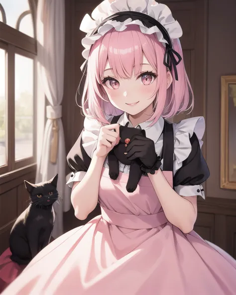 Top quality, high quality, beautiful quality with attention to detail, one girl, pale pink hair, smiling face, cute dress with frills, pink dress, some black parts, maid apron, black cat ears headband, western-style room,