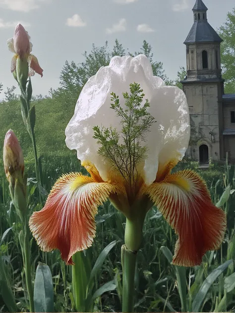 Huge iris close on full the canvas size featuring and composing a double exposure of a green field, well organized with plantation inside the iris seen from above far and a church, people around going to sunday sermon. clouds, impressionism painting, doubl...