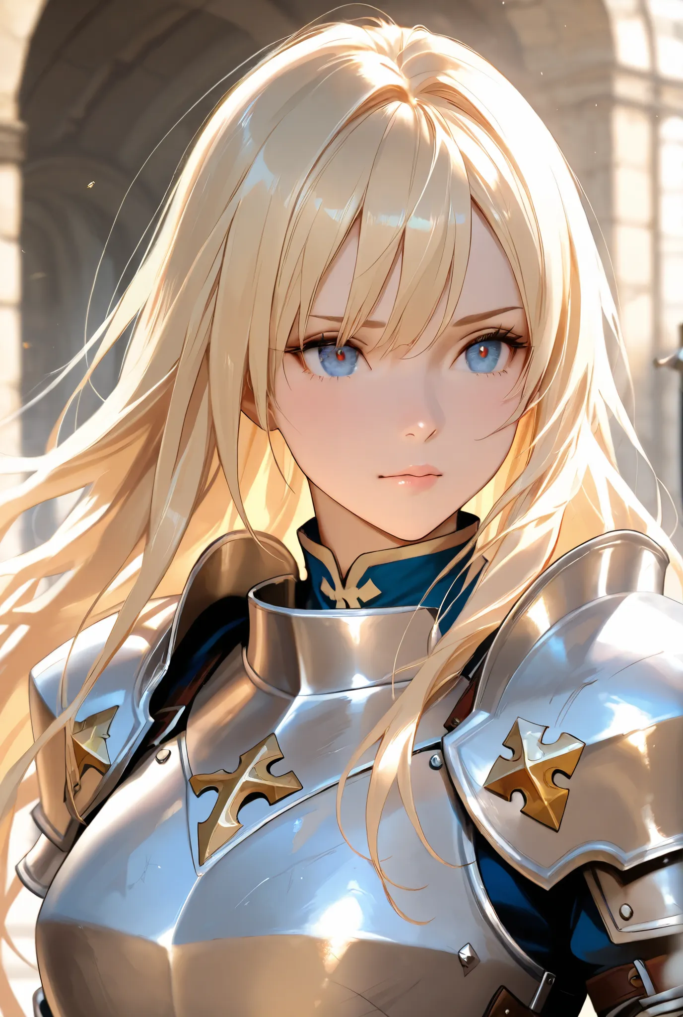 beautiful girl in a knight armor with sword and shield, long blonde hair, cinematic shot, attractive, top quality, masterpiece, intimate