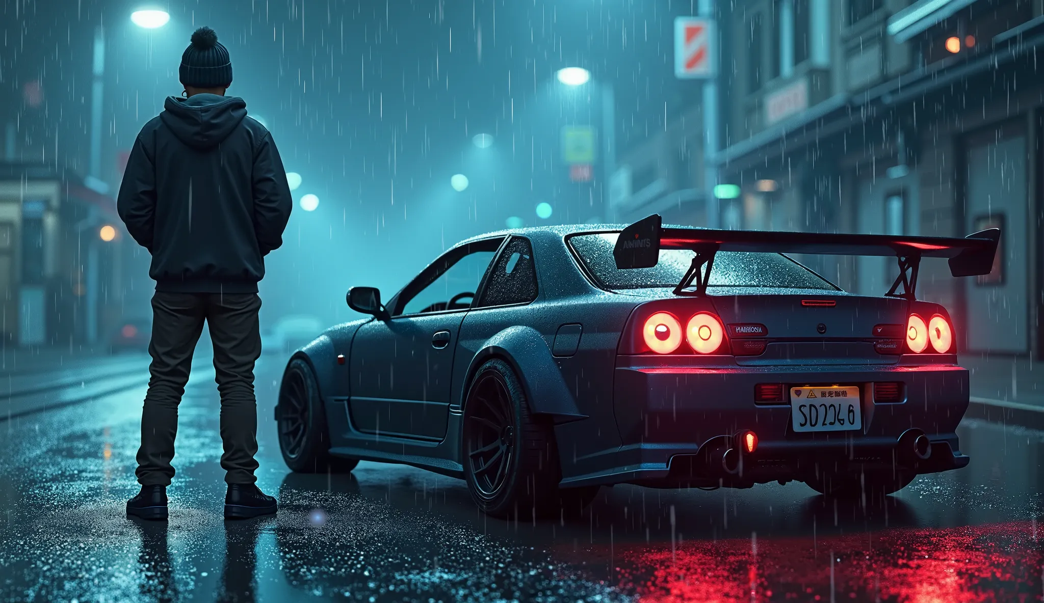 A modified Japanese car accompanied by a blue dim light in a rainy weather and a young man wearing sweat hat next to the car with his hands closed in his pocket