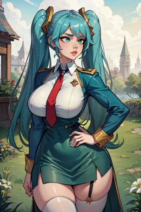 masterpiece, best quality, 1girl, Sona \(league of legends\), blue hair, blue eyes, gradient hair, collarbone, twintails, hair ornament, long hair,, breasts, close-up, (((Full set of clothes,Hips:1.1 Army, (White__uniform:1.3), green_Wrinkles_skirt, tie, R...