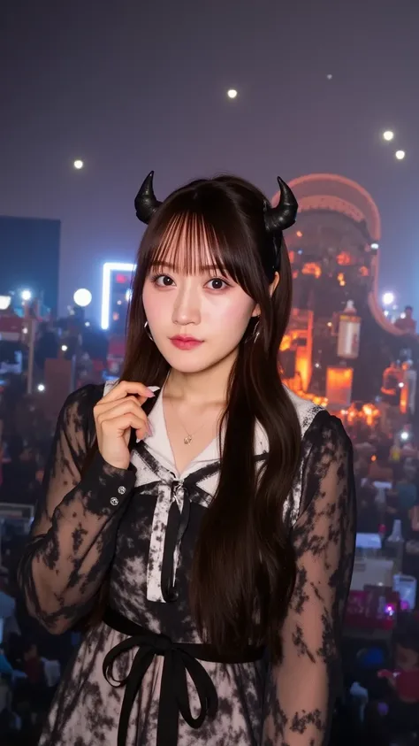 "A cute Japanese woman dressed in a devil costume, with devil horns on her head, a devil's tail protruding from her back, and holding a trident in her right hand. The background features a sinister, ominous demon world with dark skies, fiery lava, and eeri...