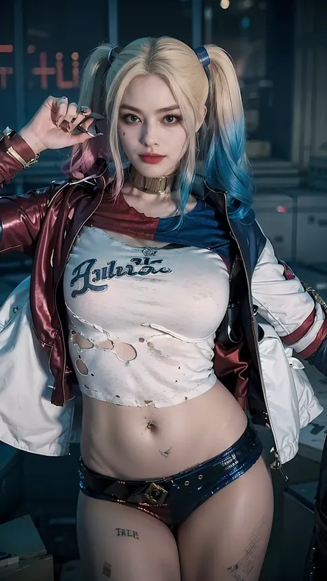 Alone,  high resolution,  accurate,  masterpiece, (( 解剖学的に accurate)),  TOP QUALITY ,   Super Fine,  textured skin, woman、4K、((Harley Queen makeup)),((Harley Queen cosplay ))、  looking at camera、  cosplayer、 The areola is small 、((  open chest costume wait...