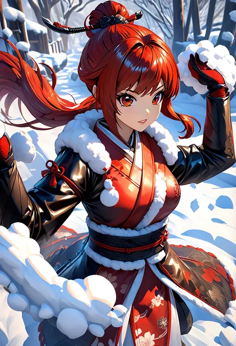   snowball fight pose, oriental,Blade and Soul, ink style ,  Long Red Hair ,Leather and fur coats,cold, artwork,3d,4K, details, by Nomi