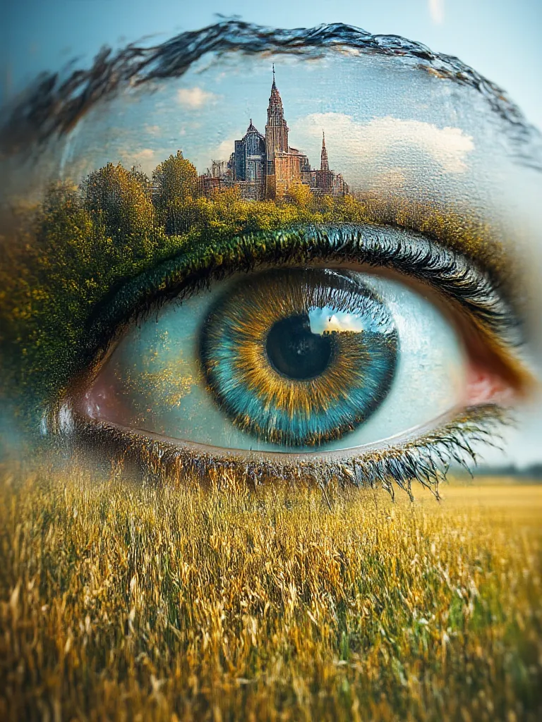 Huge iris of an eye close on full the canvas size featuring and composing a double exposure of a field well organized with plantation inside the iris, seen from above far and a church, people around going to sunday, clouds, impressionism painting, double e...