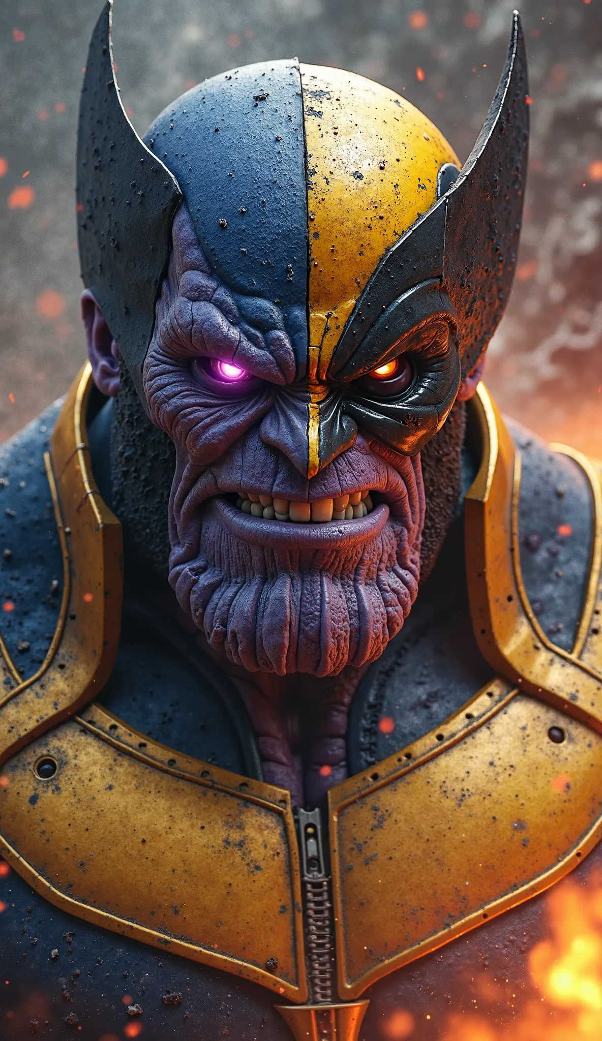 "A fierce battle between Thanos and Wolverine, culminating in a winner who is a combination of both. The combined entity must have the, powerful construction of Thanos, with his armor and Infinity Gauntlet, fused perfectly with Wolverine's adamantium claws...