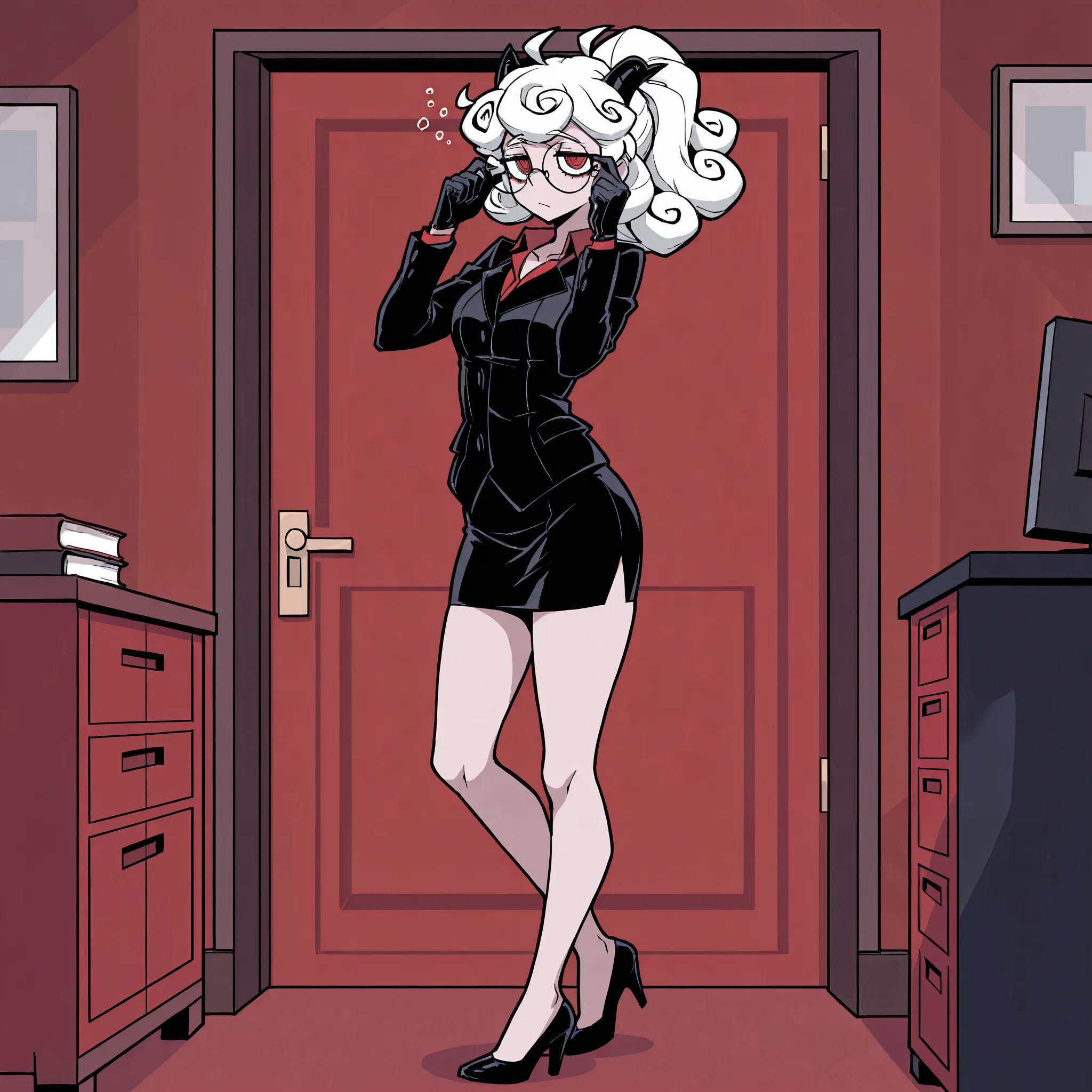 Masterpiece, best quality, absurd res, masterpiece, pandemonica helltaker, solo, 1girl, small black horns, red eyes, big round glasses, wearing tight black suit, short skirt, black gloves, tired expression, standing, adjusting her glasses, heels, mouth ope...