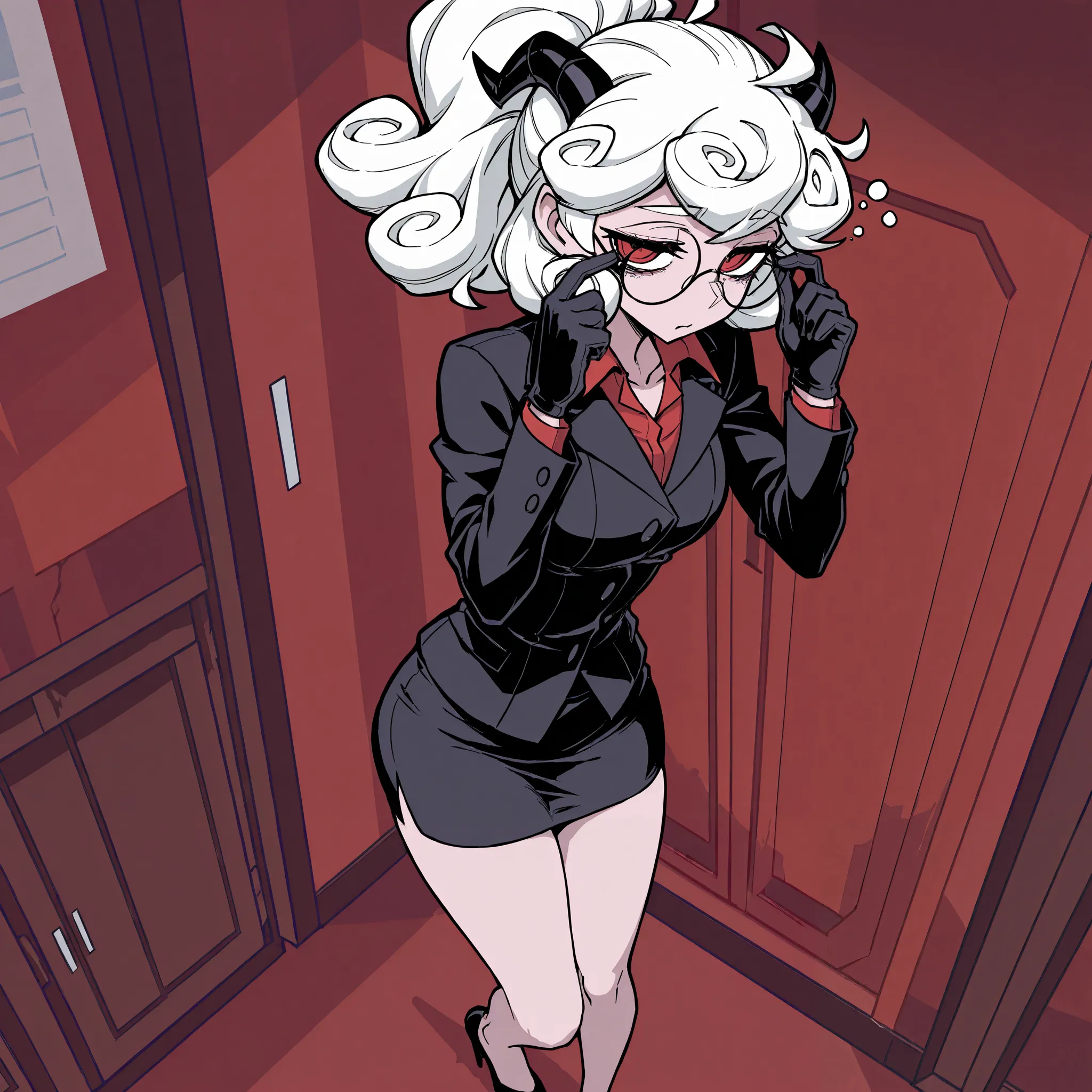 Masterpiece, best quality, absurd res, masterpiece, pandemonica helltaker, solo, 1girl, small black horns, red eyes, big round glasses, wearing tight black suit, short skirt, black gloves, tired expression, standing, adjusting her glasses, heels, mouth ope...