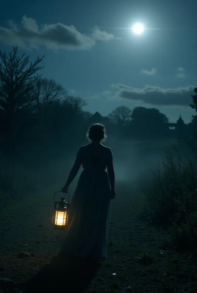 Natalie Dormer, a tough woman carrying a lantern, victorian-style dress, english countryside, fullmoon night, dark fairytale, gothic horror, realistic, photorealistic, 8k, high quality, detailed, dramatic lighting, moody colors, haunting atmosphere