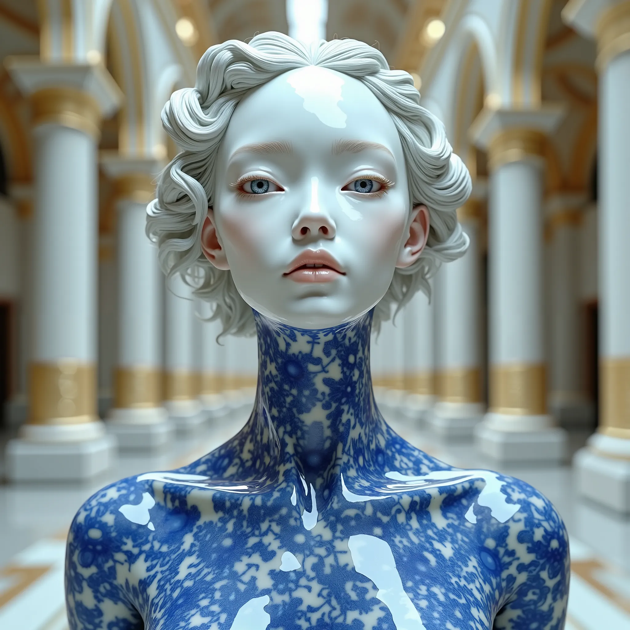  Super High Definition,Greatest Masterpiece,16k, very very very ,Historic Masterpieces,Pottery with Pure White Skin,very detailed blue pattern like a tea set,fusion of pottery and humans,Humanization of Pottery,shiny and shiny porcelain skin, extremely det...