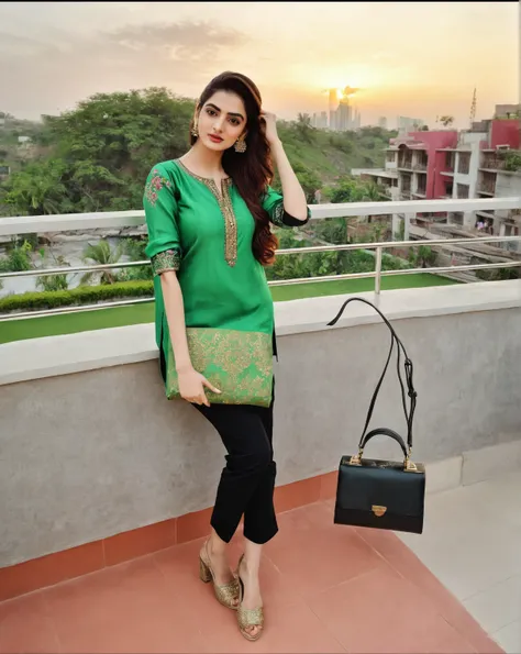 a woman standing on a balcony with a purse and a handbag, green tunic, inspired by Ambreen Butt, wearing a silk kurta, stylish pose, with lovely look, with beautiful colors, pale-skinned persian girl, 🤬 🤮 💕 🎀, by Ambreen Butt, kyza saleem, attractive girl,...