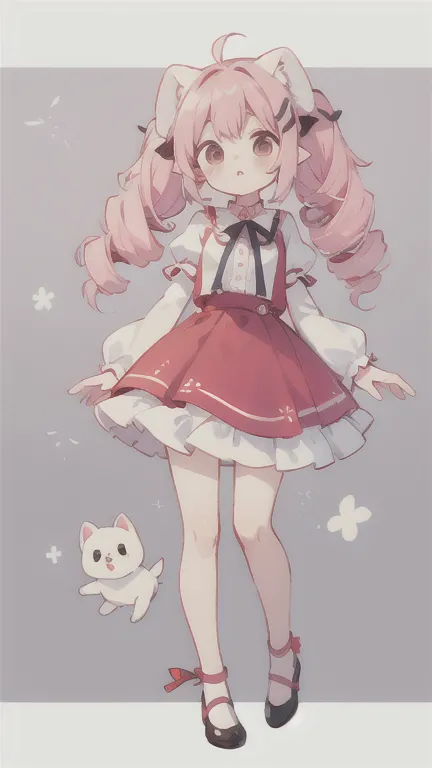 Symmetrical　Droopy white dog ears 　Droopy white dog ears 　cuteデザイン,  the most beautiful girl I've ever seen　No background地　1 girl, drill twin tail,  light pink hair　Droopy white dog ears , 縦巻き fluffy浮いてる　cute white blouse　burgundy flared skirt　Put a burgun...