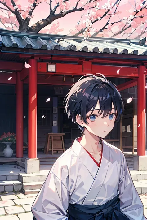 　 boys　Light blue hakama　garden　 plum blossom　 upper body　The undershirt is white　shrine　 black hair　 short hair