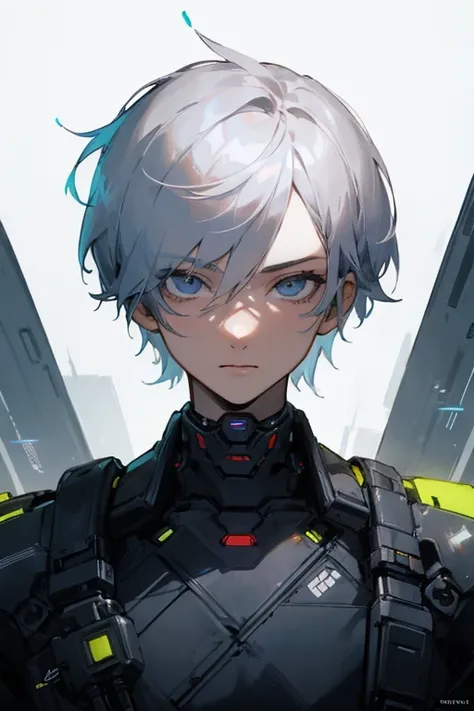 Silver smooth short hair, blue eyes, beautiful boy, near future, cyberpunk style