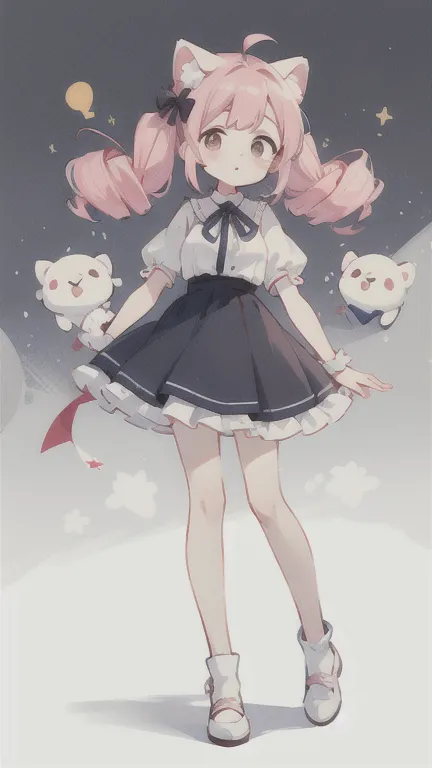 Symmetrical　Droopy white dog ears 　Droopy white dog ears 　cuteデザイン,  the most beautiful girl I've ever seen　No background地　1 girl, drill twin tail,  light pink hair　Droopy white dog ears , 縦巻き fluffy浮いてる　cute white blouse　Burgundy Flared Skirt 　Put a burgu...