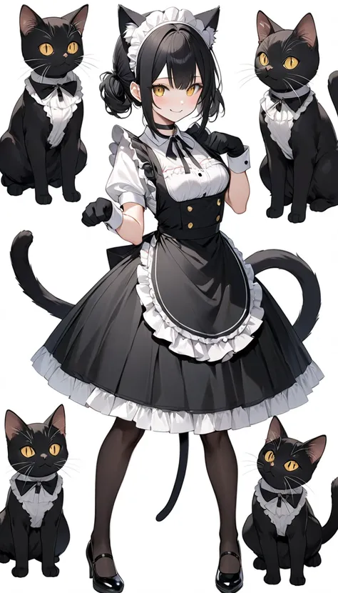 I'm holding a kitten black cat ,Black cat ears, golden eyes, cat eyes, Black cat tail, black hair, Black maid Dress , Black Heels , black choker, black pantyhose, black long gloves, white skin, smile, stand, Poses Like a Model ,Cat Paw Pose, front, Head to...