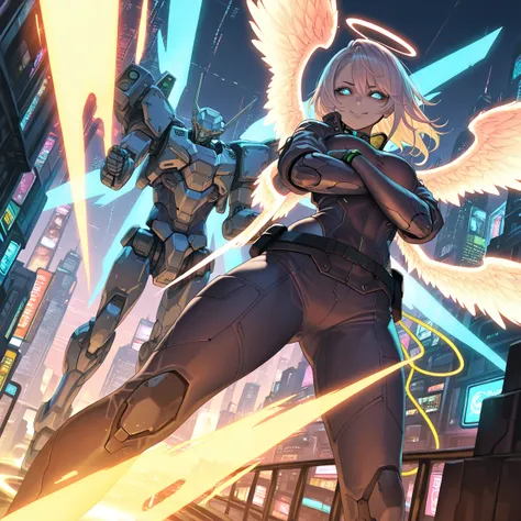 masterpiece,( TOP QUALITY ),highlydetailed,Ultra High Definition,1 girl,(MechanicalWings:golden, glowing eyes:green,goldenrarmor:1.2, Elon Gated Years :0.8),(Cyberpunk City with fingers crossed:1.5,arms: energy blade ),( Fantasy Scenery:1.2, natural light:...