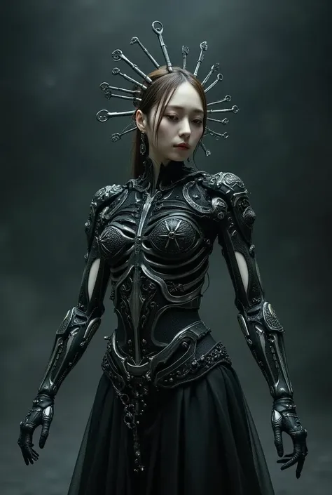 TEST CASE, Gothic style female android mechanical skeleton made of keys scales, pitch black dark background, [giant teacup: woman:8], abstract, [muted colors: vivid colors:8], sharp, tilt shift, hyperdetailed, maximum fidelity, quality, cinematic, subsurfa...