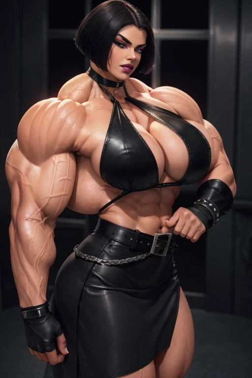 ((Close-up)), tall, (black hair), beautiful muscular woman, angled bob cut, white skinned, closed smile, large breast, (black lipstick), (massive muscles), (hyper muscle), (((ginormous bulky muscles))), crimson eyes, ((((black long leather halter top)))), ...