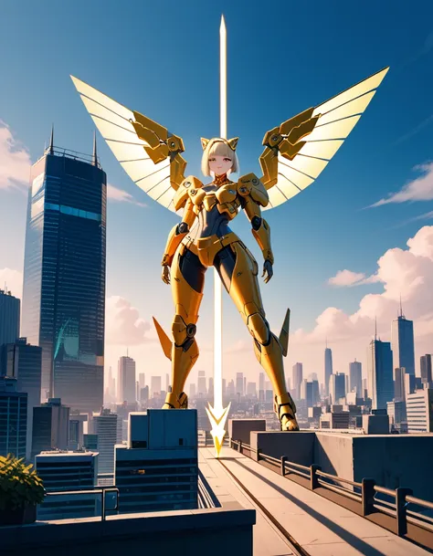 masterpiece,( TOP QUALITY ),highlydetailed,Ultra High Definition,1 girl,(MechanicalWings:golden, glowing eyes:green,goldenrarmor:1.2, Elon Gated Years :0.8),(Cyberpunk City with fingers crossed:1.5,arms: energy blade ),( Fantasy Scenery:1.2, natural light:...