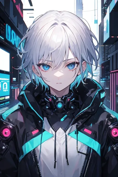 Silver smooth short hair, blue eyes, beautiful boy, near future, cyberpunk style