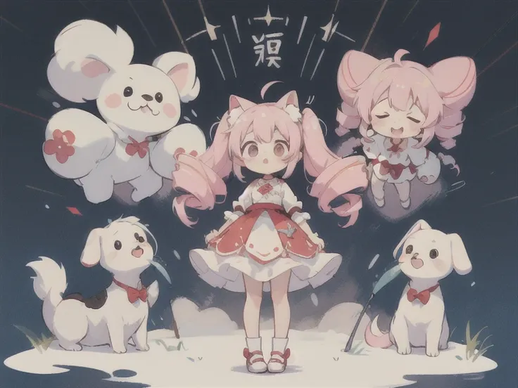 Symmetrical　Droopy white dog ears 　Droopy white dog ears 　cuteデザイン,  the most beautiful girl I've ever seen　No background地　1 girl, drill twin tail,  light pink hair　Droopy white dog ears , 縦巻き fluffy浮いてる　cute white blouse　burgundy flared skirt　Put a burgun...