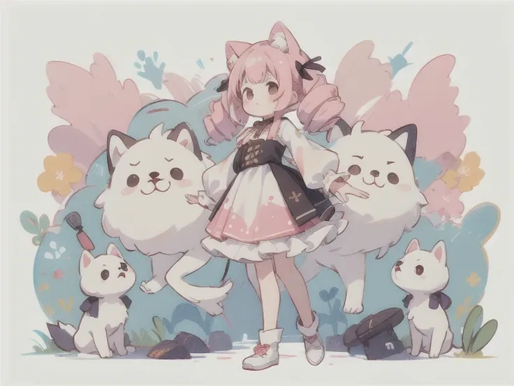 Symmetrical　Droopy white dog ears 　Droopy white dog ears 　cuteデザイン,  the most beautiful girl I've ever seen　No background地　1 girl, drill twin tail,  light pink hair　Droopy white dog ears , 縦巻き fluffy浮いてる　cute white blouse　Burgundy Flared Skirt 　Put a burgu...