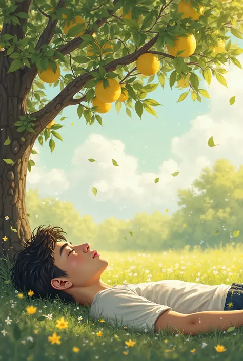 A young man lies under a lemon tree in a spring weather 