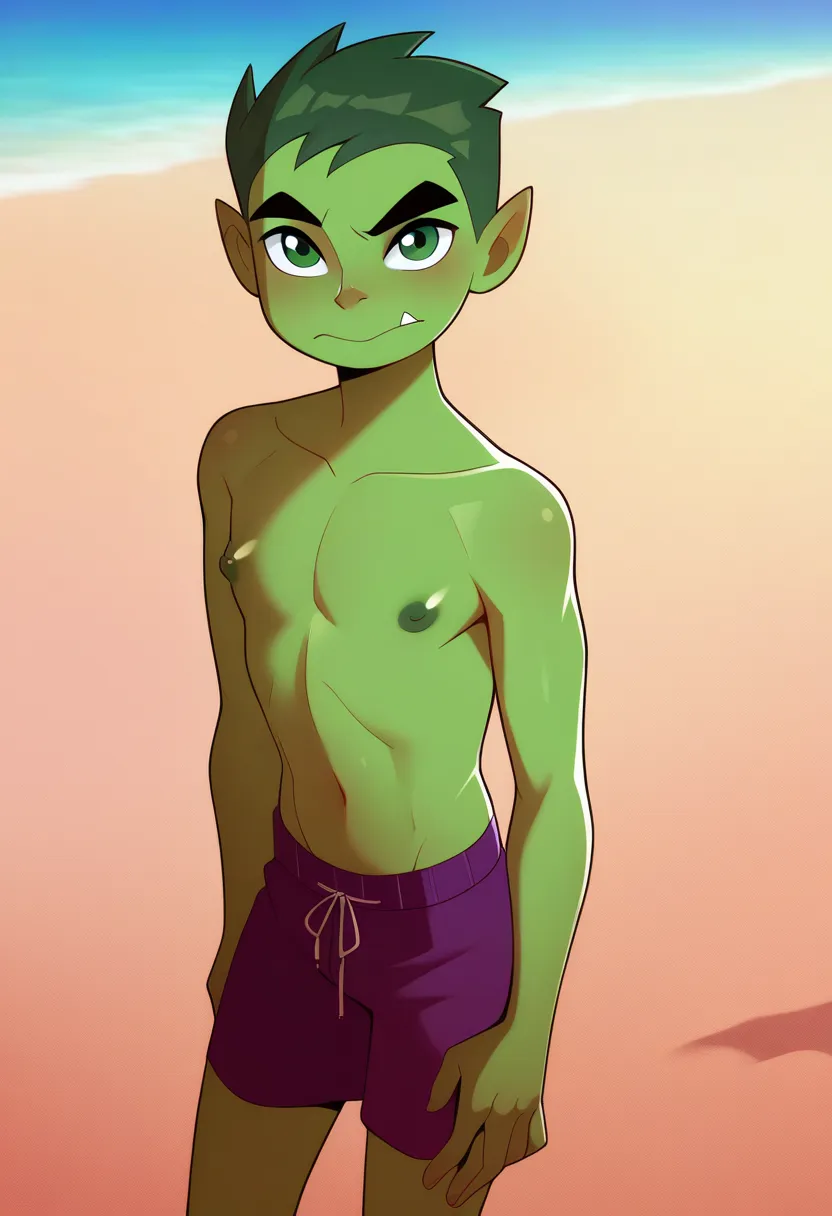 masterpiece, best quality, very aesthetic, absurdres,
1boy, beastboy, green hair, short hair, green eyes, green skin,
standing,
topless, fang, swim trunks, looking at viewer, solo, sea, sand, blue sky, beach background,    Nipples, dark, green nipples, dar...