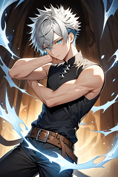 BEST QUALITY, ULTRA DETAILED, HIGH DEFINITION, ALONE, (male), 1boy, short hair, silver hair, light cyan eyes, thin toned, sleeveless shirt, black shirt, black pants, brown belt, spiky hair up, locks falling over his face, bluish aura flowing around his bod...