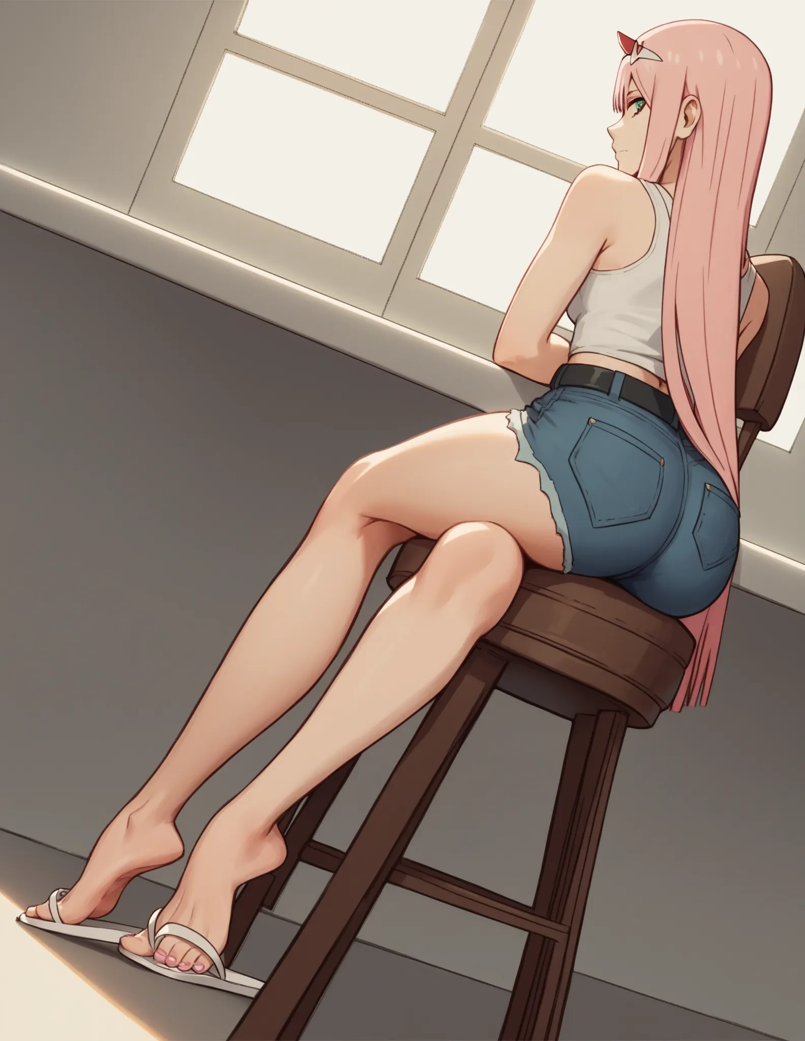 score_9, score_8_up, score_7_up, source_anime, zero two, zero two \(darling in the franxx\), green eyes, long hair, pink hair,(((White mini fitted tank top))),tight thicc jeans,black belt,thicc fat ass,(((white flip flops))),tiptoe, dangling,sitting down o...