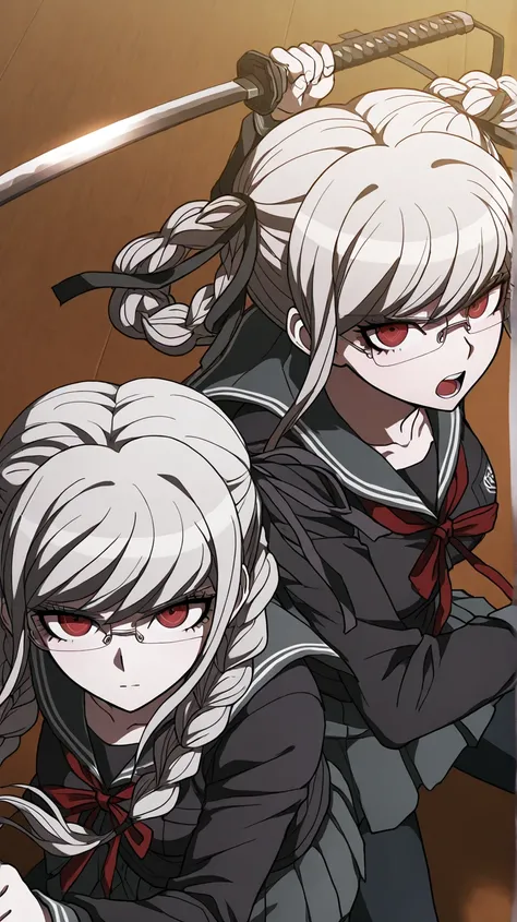 pekoyama peko,danganronpa
High quality ,  best quality , masterpiece,  High Resolution , detailed face( LoRA: peko),anatomically correct, detailed hair Style( LoRA: peko),anime Coloring
solo, 1 girl 
, braid, long hair, red eyes, twin braids, glasses, whit...