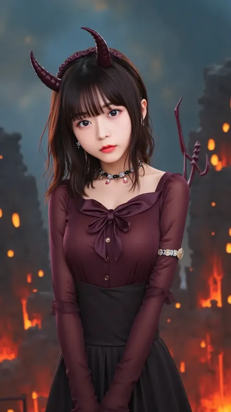 "A cute Japanese woman dressed in a devil costume, with devil horns on her head, a devil's tail protruding from her back, and holding a trident in her right hand. The background features a sinister, ominous demon world with dark skies, fiery lava, and eeri...